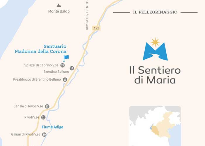 Il logo del Sentiero di Maria. Itinerario del cammino che porta al Santuario Madonna della Corona dalla Basilica di San Zeno a Verona